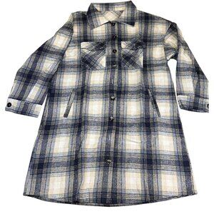Blue Plaid Flannel Shacket Shirt Dress Button Down Long Sleeve Pockets Womens L